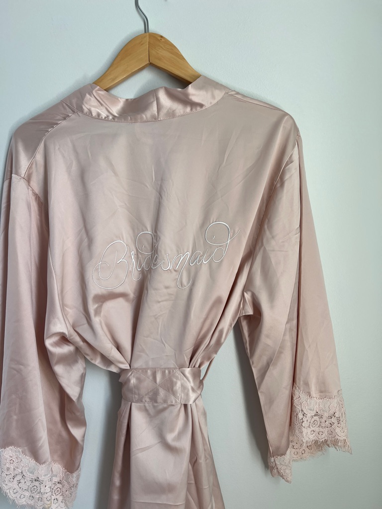Embroidered 'Bridesmaid' Satin Charmeuse Robe In Light Blush Pink Size L — image 3 of 8